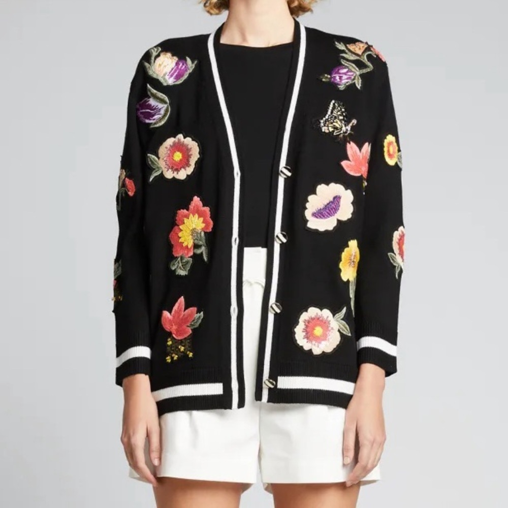 NWT Alice + Olivia Bradford Floral Cardigan Sweater Embroidered Grandpa Black S